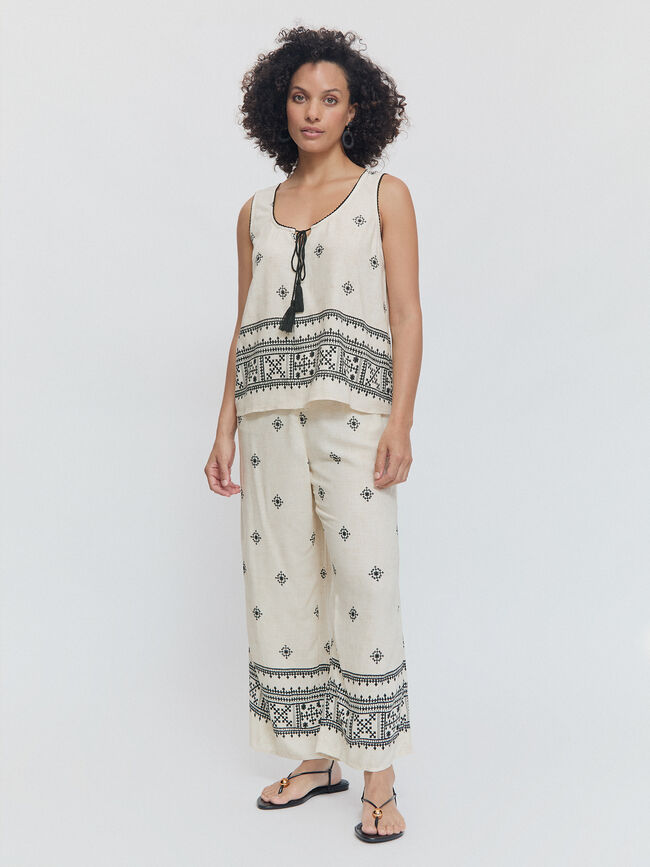 PANTALON RECTO BORDADO Crudo