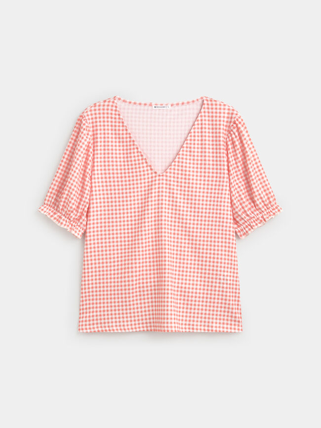 CAMISETA VICHY MANGA GLOBO Coral