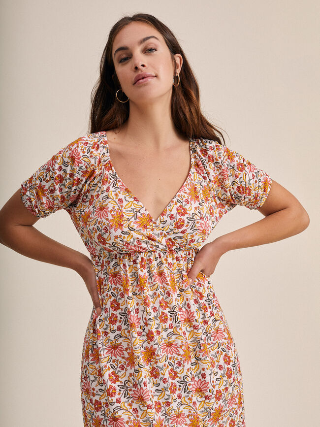 Vestido midi estampado floral Blanco Optico