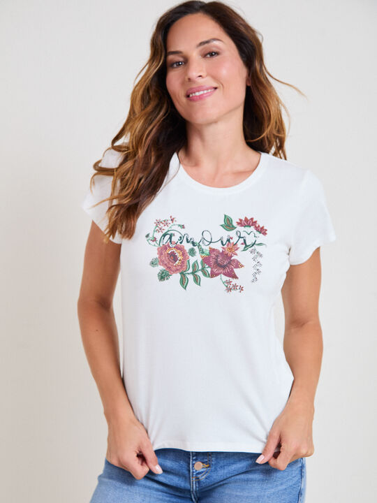 CAMISETA FLORES BRILLOS Crudo image number null