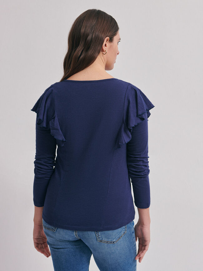 Camiseta manga larga y volante en hombro Azul Marino