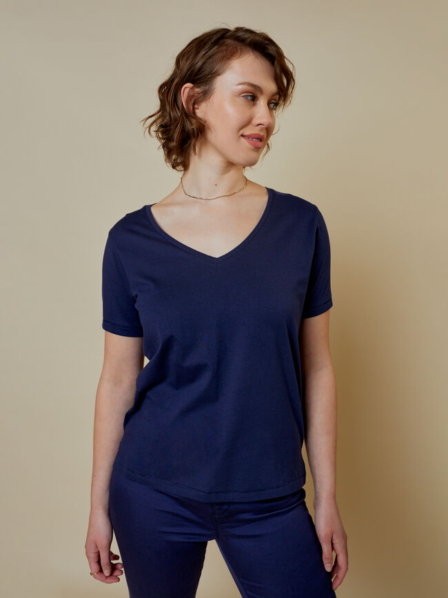 Camiseta cuello pico 100% algodón Azul Marino