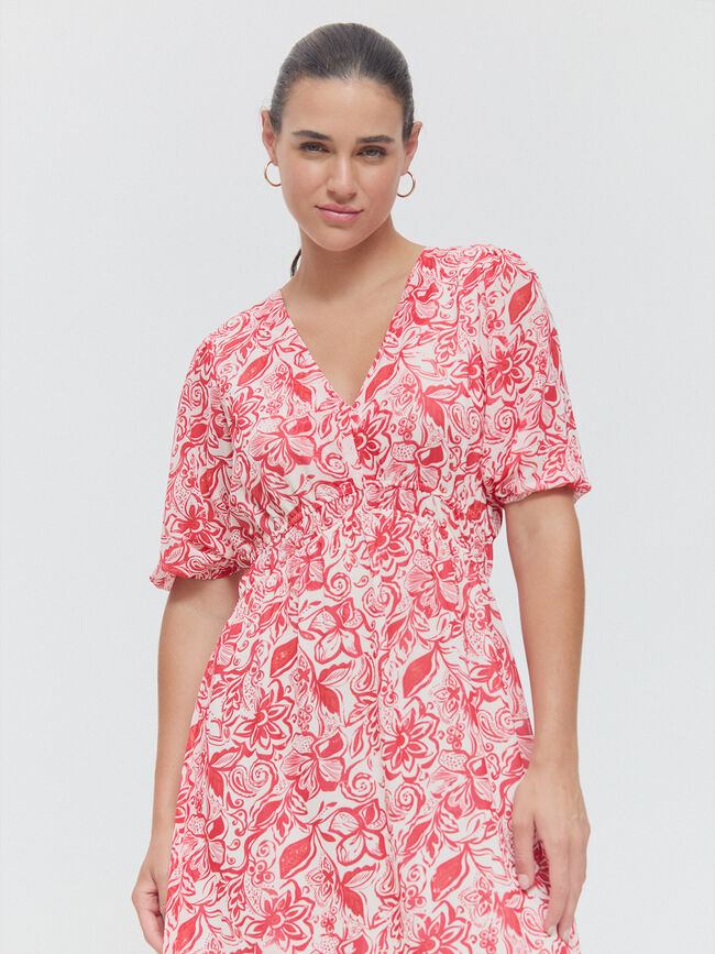 VESTIDO CUELLO PICO Rojo Oscuro