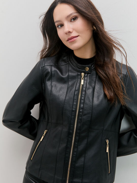 CHAQUETA CORTES POLIPIEL Negro image number null