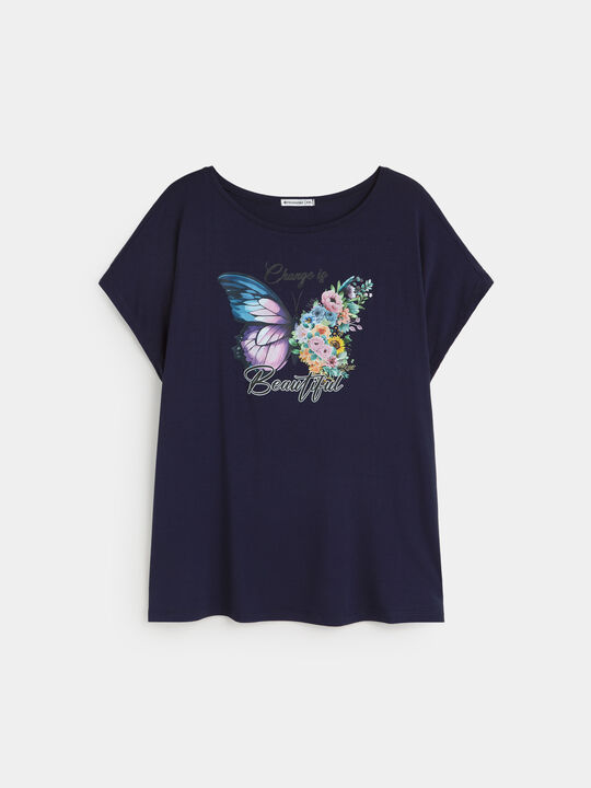 CAMISETA MARIPOSA FLORES Azul Marino image number null