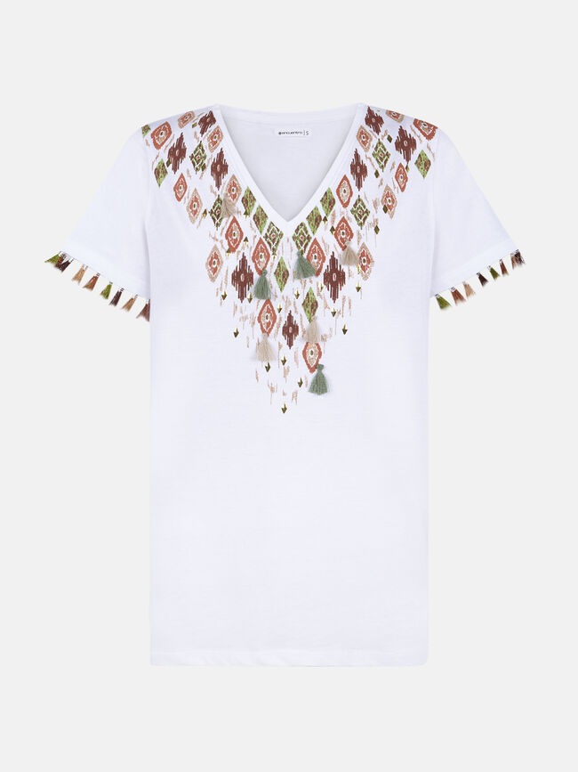 Camiseta 100% algodón con detalle pompon Blanco Optico