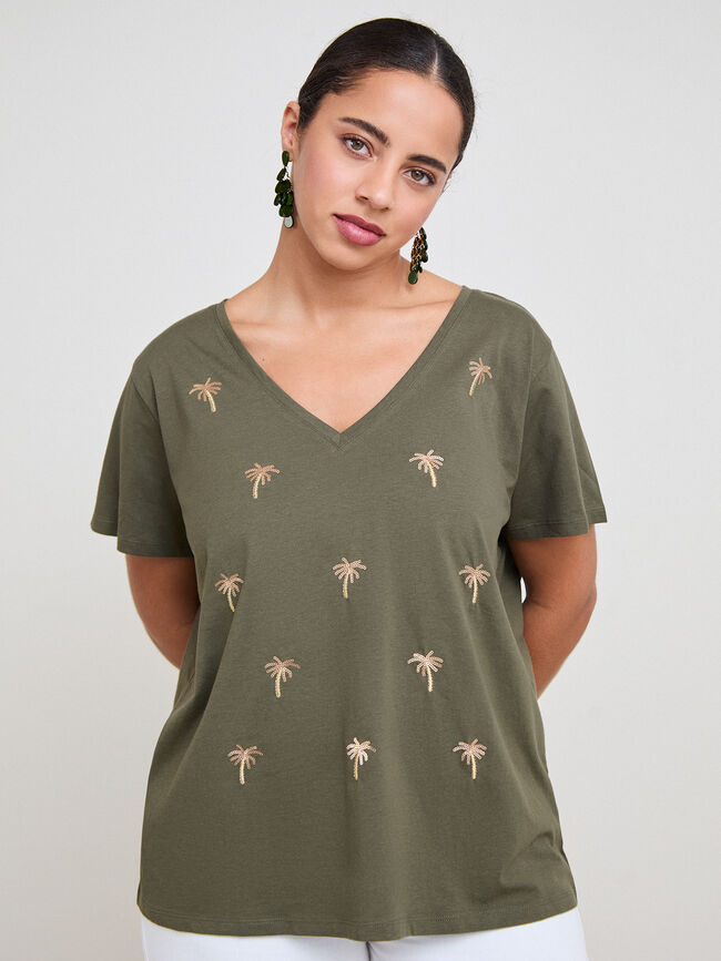 CAMISETA PALMERAS BORDADAS Kaki