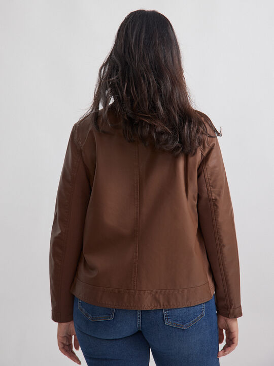 CAZADORA EFECTO PIEL CUELLO MAO Marron Oscuro image number null
