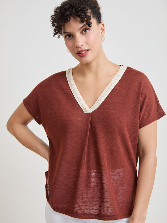 CAMISETA LINO DETALLE Marron Medio image number null