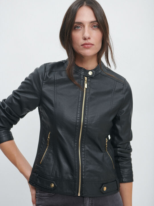 CAZADORA EFECTO PIEL CUELLO MAO Negro image number null
