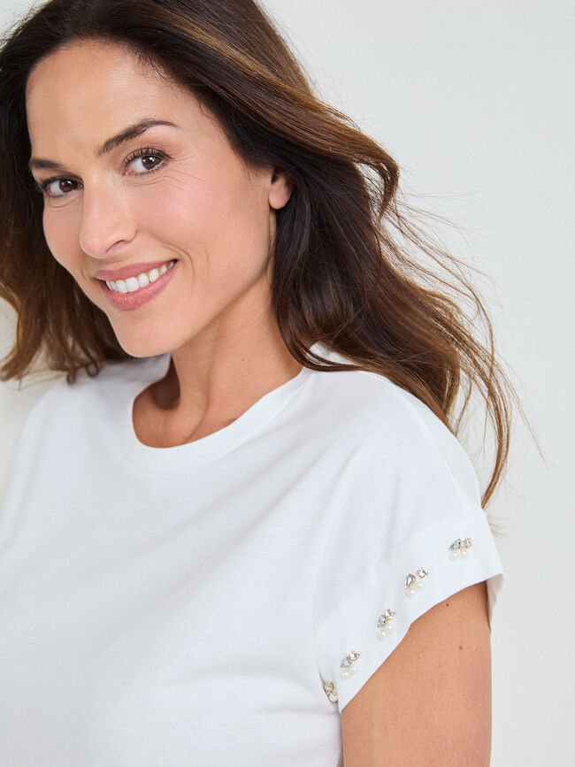 CAMISETA DETALLE PERLA Blanco Hueso