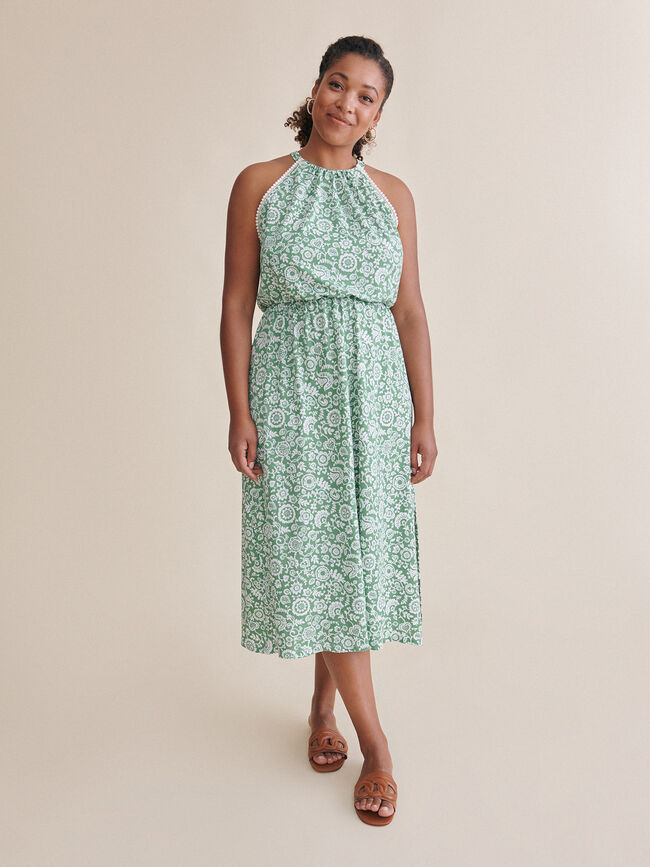 Vestido estampado cuello halter Verde Brillante