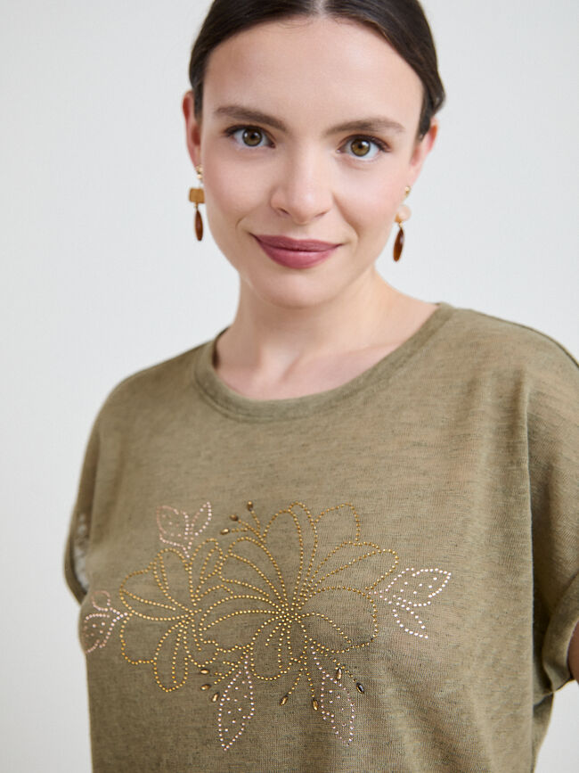 CAMISETA FLORES BRILLANTES Kaki