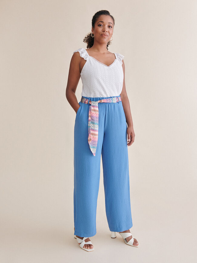 Pantalon fluido con cinturón estampado Azul Ceruleo