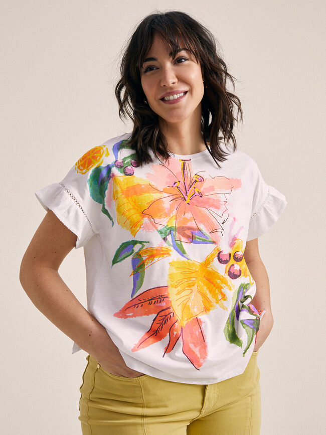 Camiseta estampado tropical detalle en m Blanco Optico