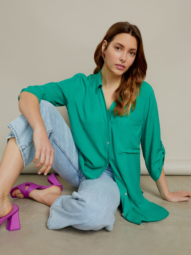 Camisa larga botones en mangas Verde Brillante