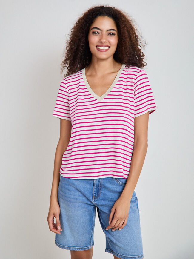 CAMISETA PICO RAYAS Rosa