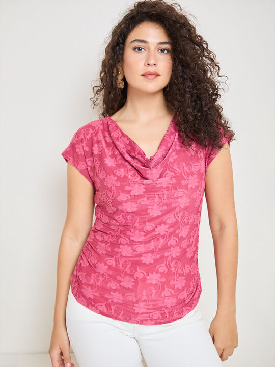 CAMISETA DRAPEADO JACQUARD FLOR Rosa Perla image number null