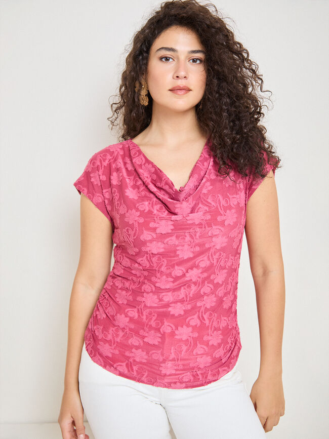 CAMISETA DRAPEADO JACQUARD FLOR Rosa Perla