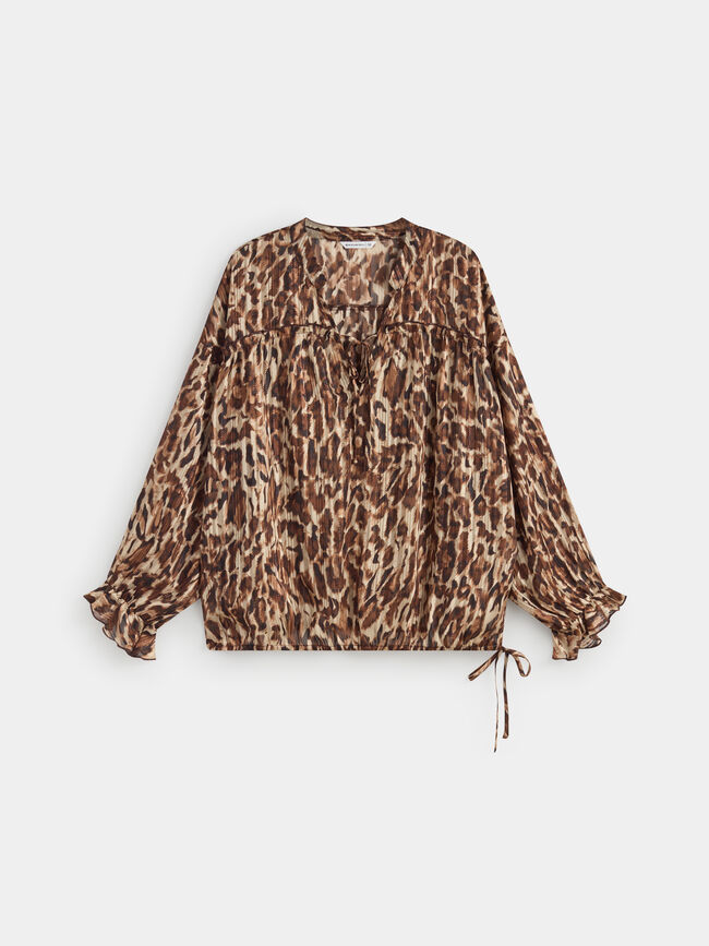 Blusa detalle volante estampada AVENA TOSTADA