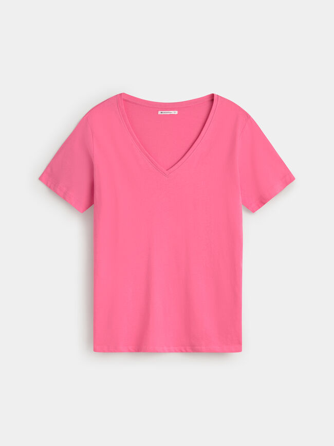 CAMISETA CUELLO PICO Fucsia