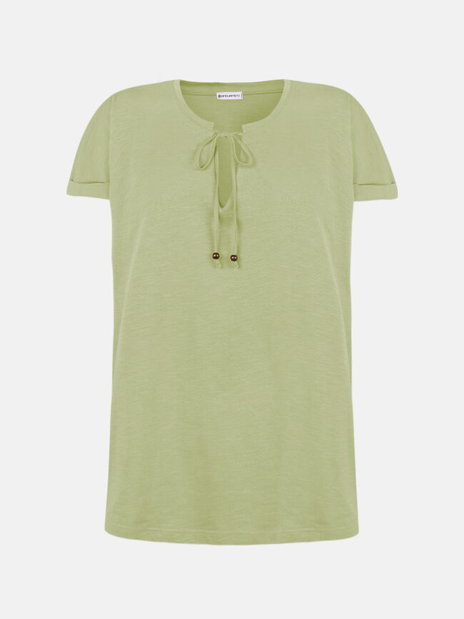 Camiseta lazada en escote 100% algodón kaki claro