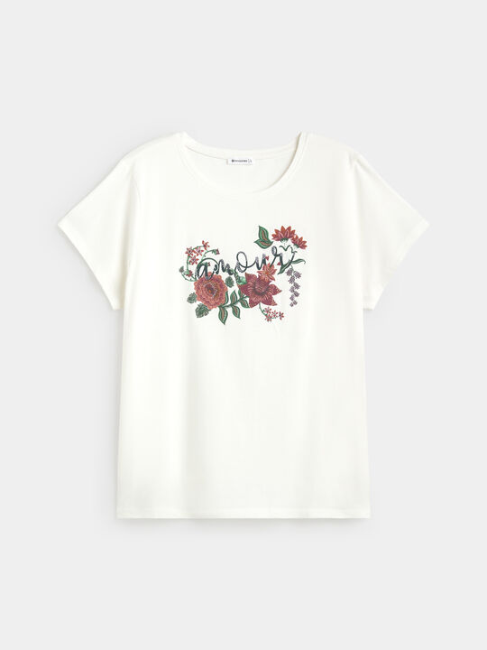 CAMISETA FLORES BRILLOS Crudo image number null