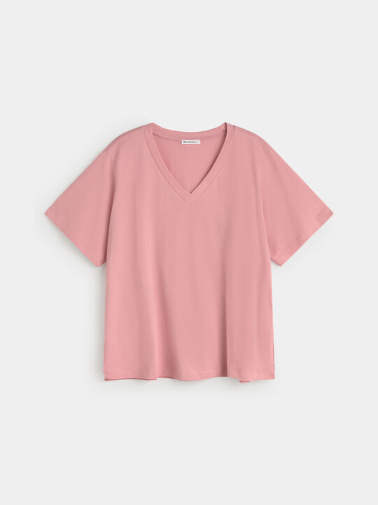 CAMISETA CUELLO PICO Rosa Colorete image number null