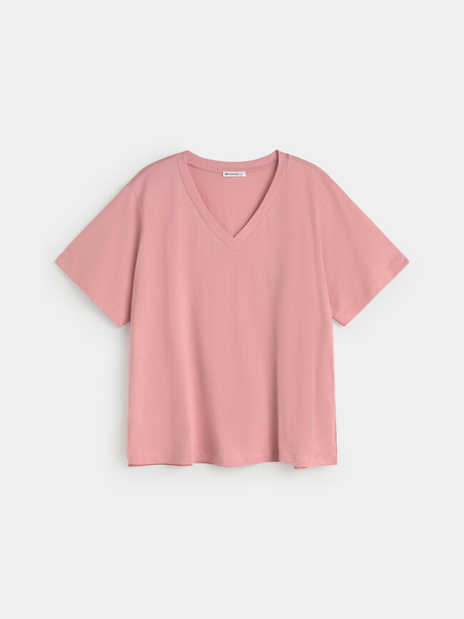 CAMISETA CUELLO PICO Rosa Colorete