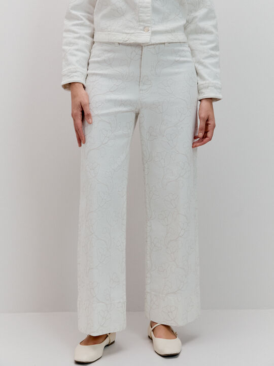 PANTALON ANCHO BORDADO Blanco Hueso image number null