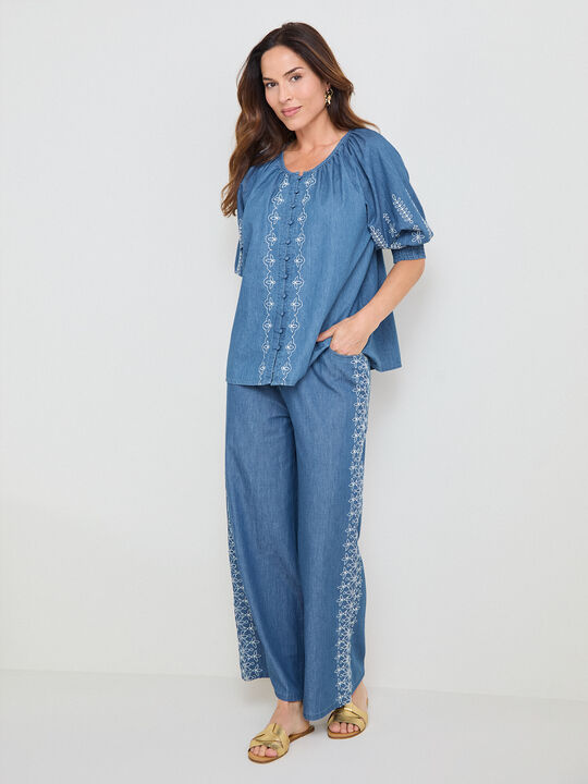 PANTAL&Oacute;N FLUIDO BORDADO Mid Blue Wash image number null