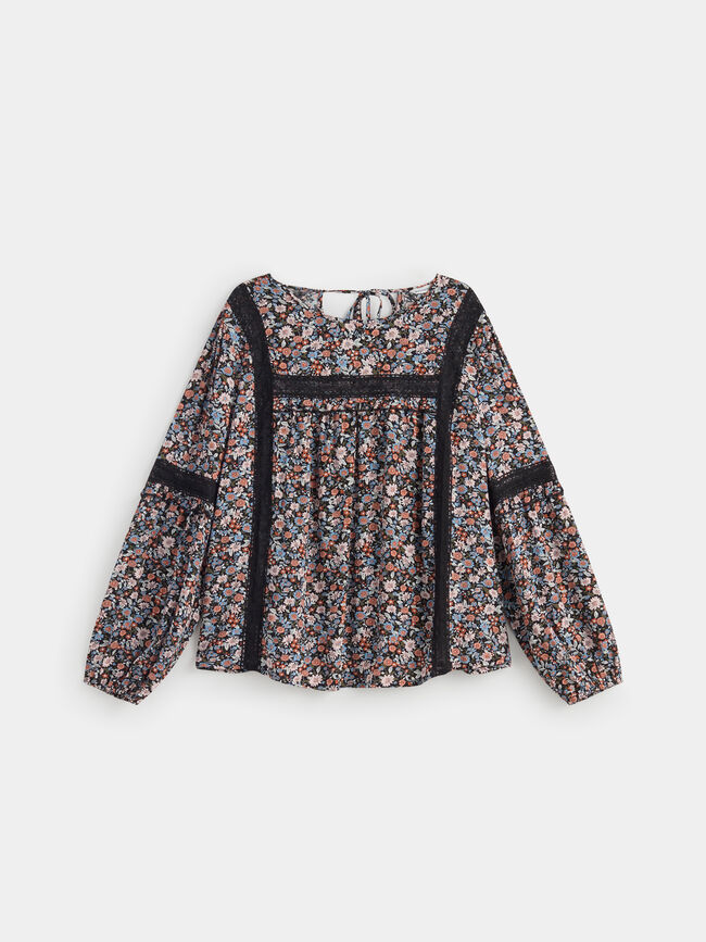 Blusa manga larga detalles puntilla y vo Estampado 1