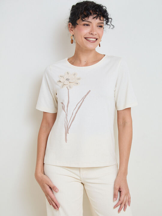 CAMISETA FLOR GANCHILLO Blanco Hueso image number null