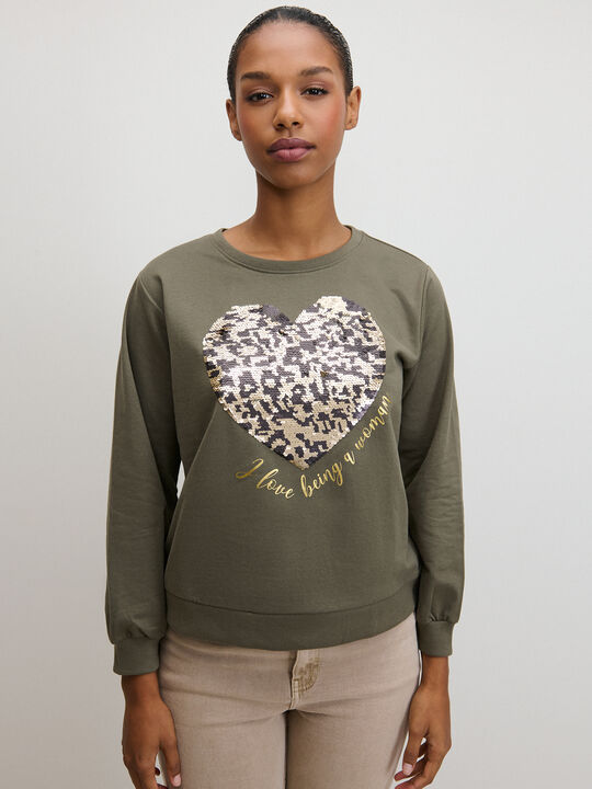 SUDADERA CORAZ&Oacute;N LENTEJUELAS Kaki image number null