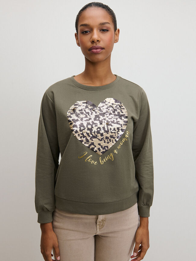SUDADERA CORAZ&Oacute;N LENTEJUELAS Kaki