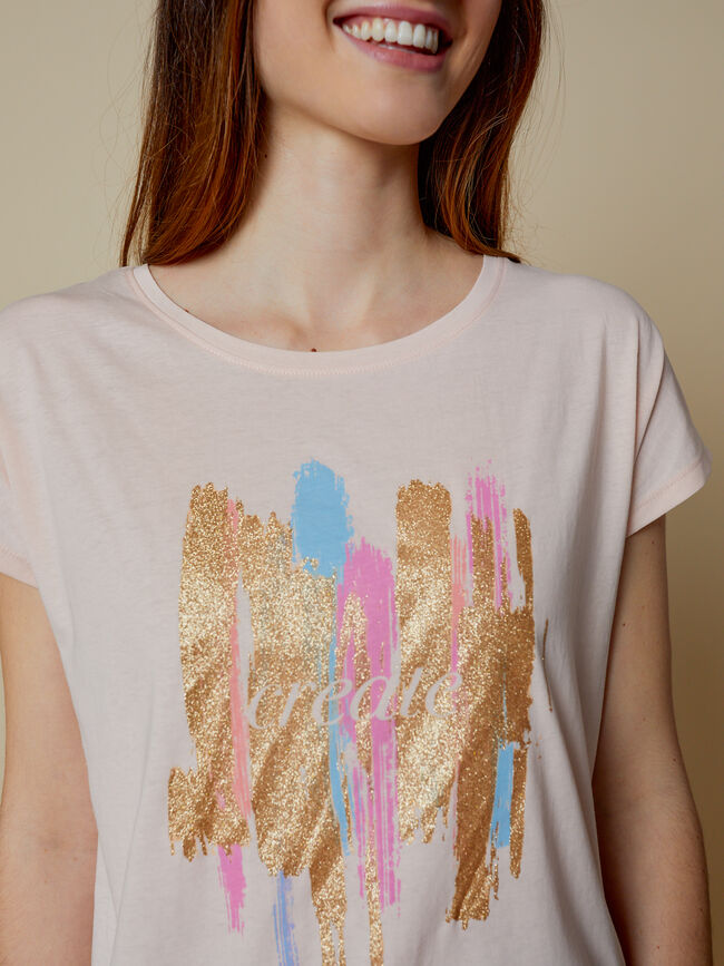 Camiseta detalle estampado glitter Rosa