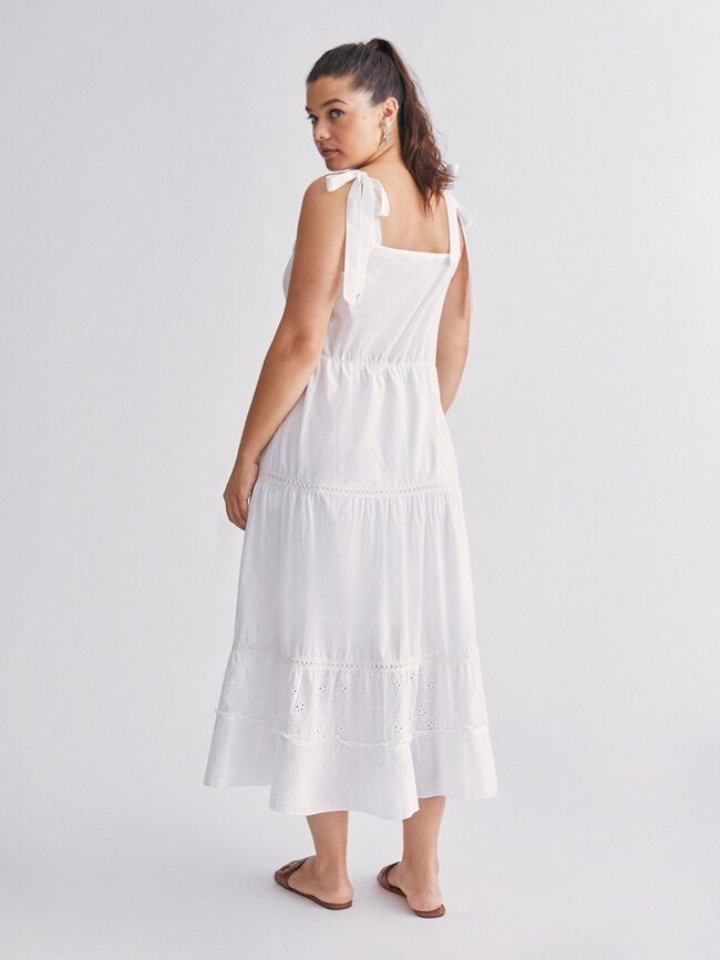 Vestido largo con bordados 100% algodón Blanco Optico