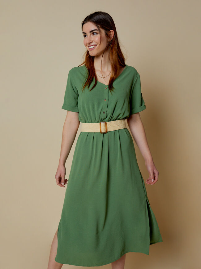 Vestido abotonado con cinturón Verde Viridian