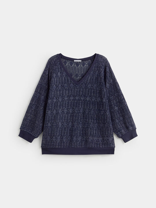 CAMISETA CUT&SEW CALADO COMBI RIB Azul Marino image number null