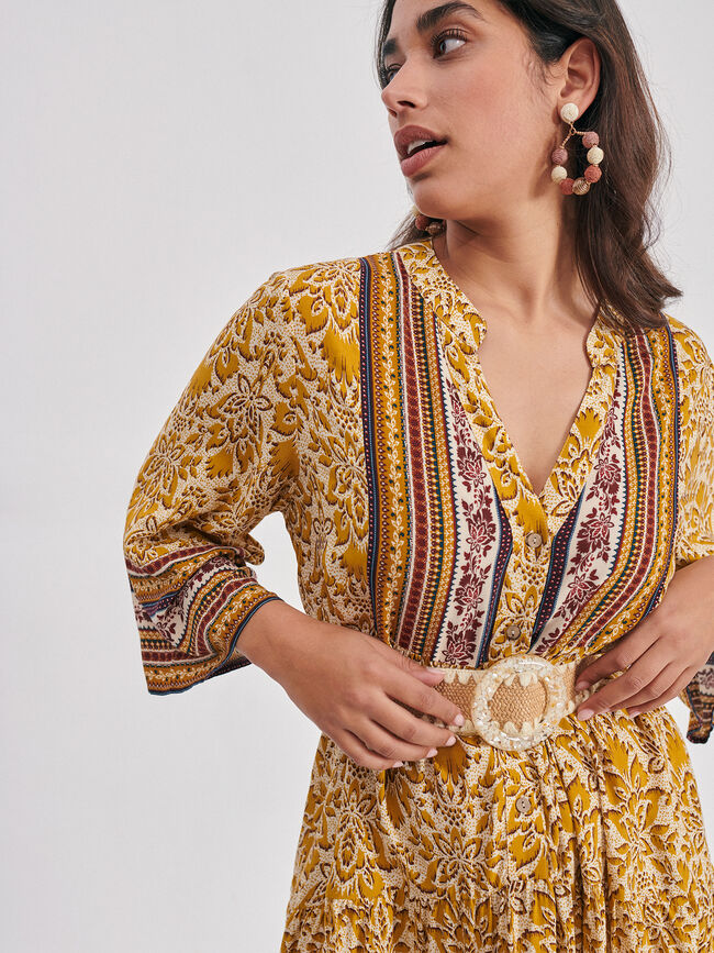 Vestido cenefa vuelo Mostaza