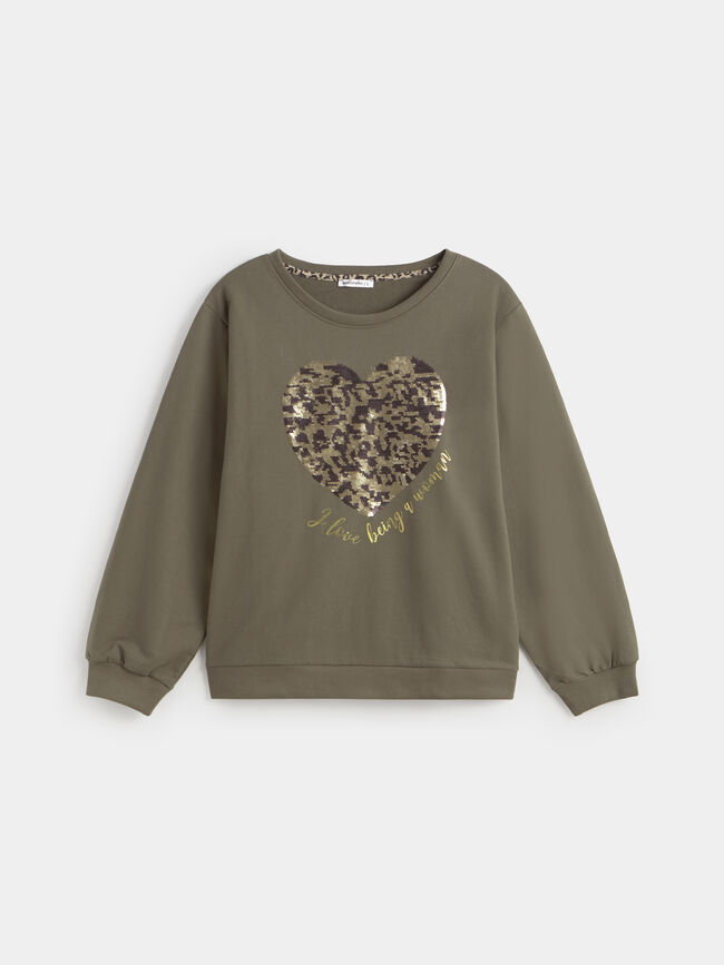 SUDADERA CORAZ&Oacute;N LENTEJUELAS Kaki