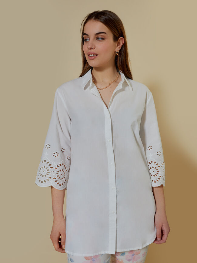 blusa manga troquelada 100% algodón Blanco Optico