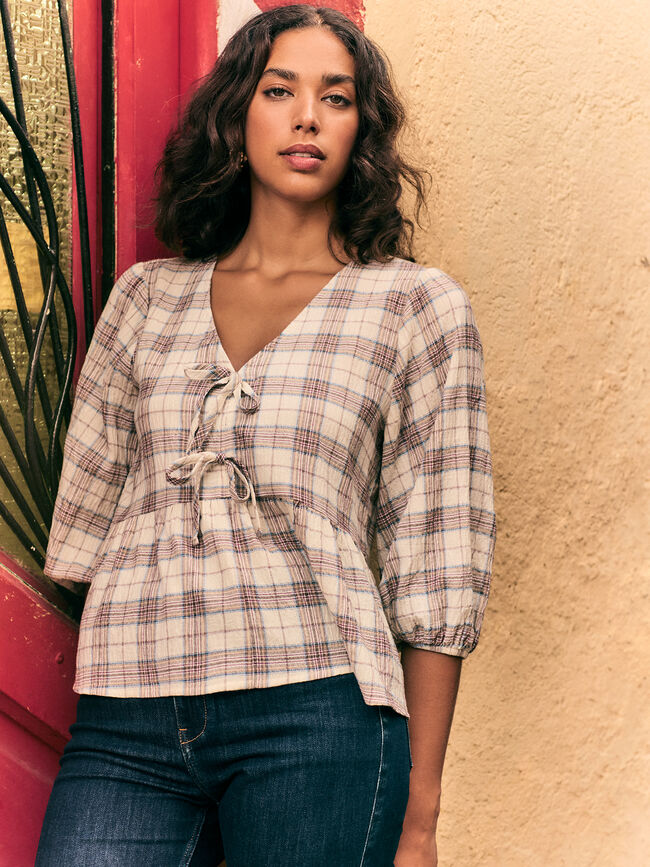 CAMISA ABLUSONADA CUADROS Crudo