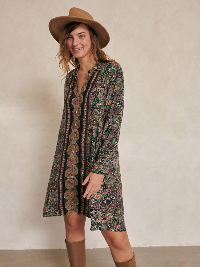 VESTIDO CORTO ESTAMPADO PAÑUELO Negro