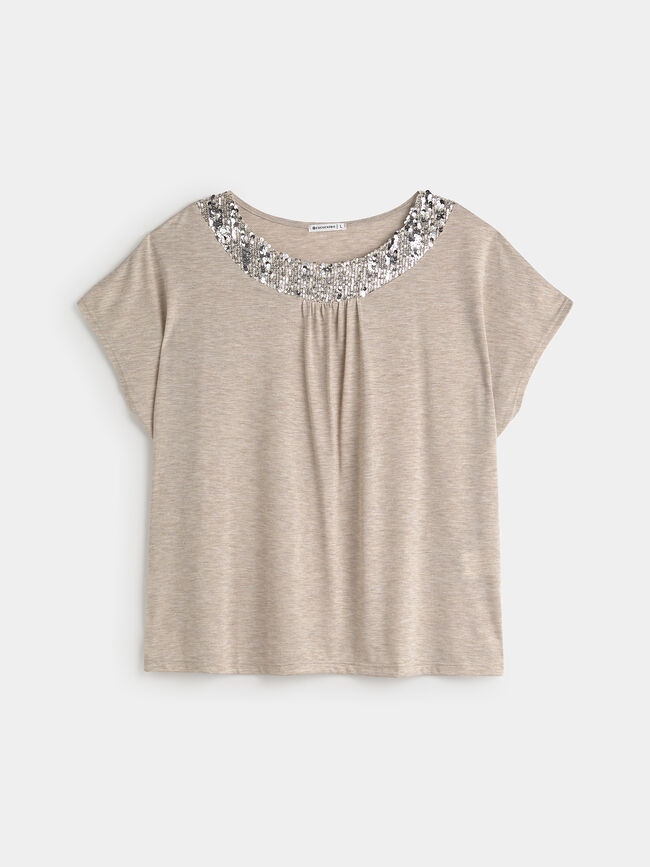 CAMISETA COMBINADA DETALLE LENTEJUELAS Arena