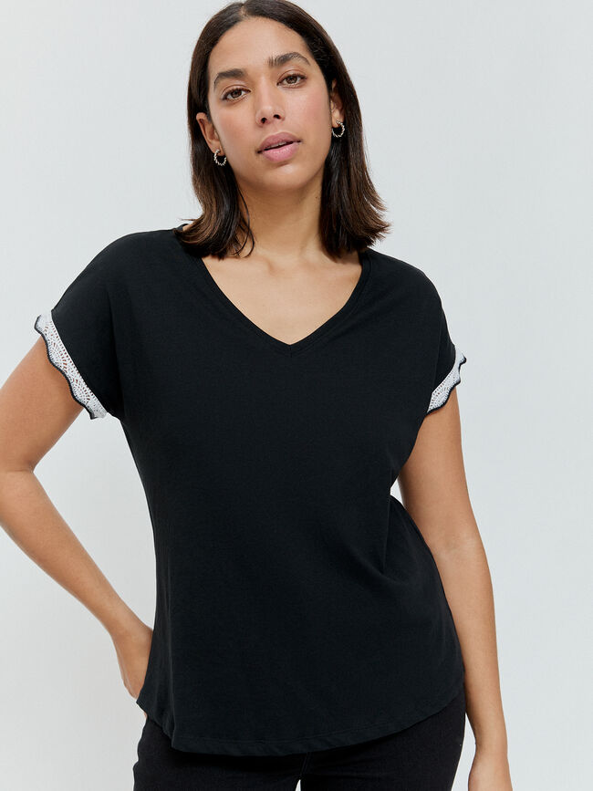 CAMISETA PUNTILLA MANGA Negro