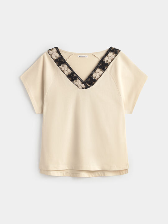 CAMISETA CUELLO CROCHET Crudo image number null