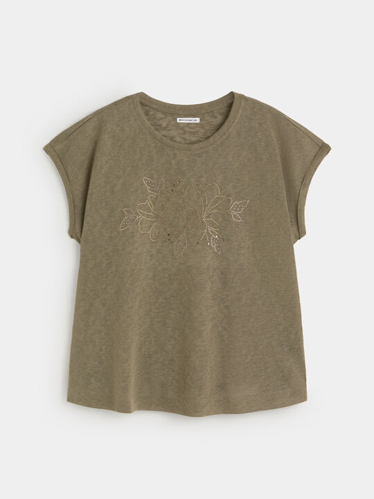 CAMISETA FLORES BRILLANTES Kaki image number null