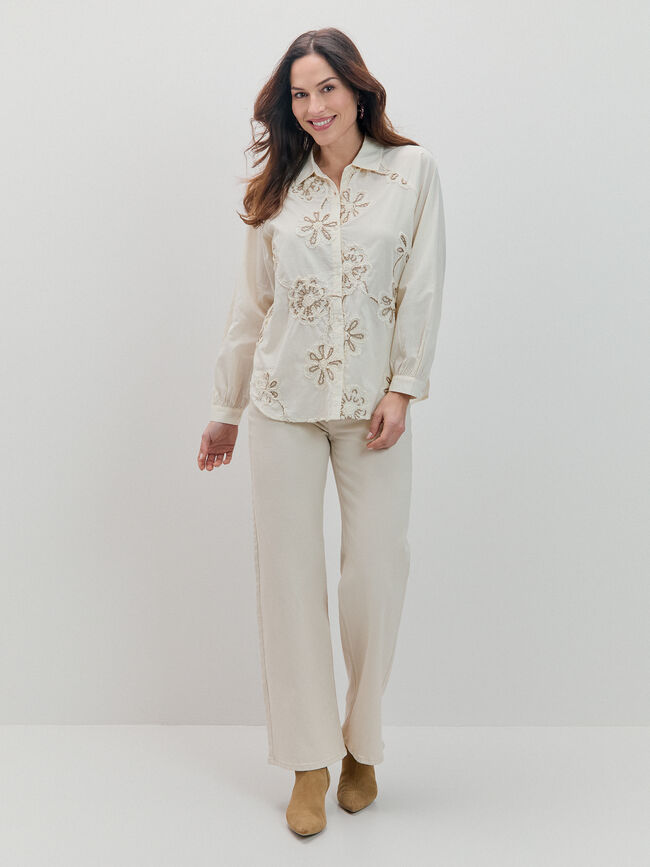 CAMISA ABLUSONADA BORDADA Beige