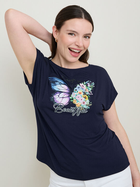 CAMISETA MARIPOSA FLORES Azul Marino image number null